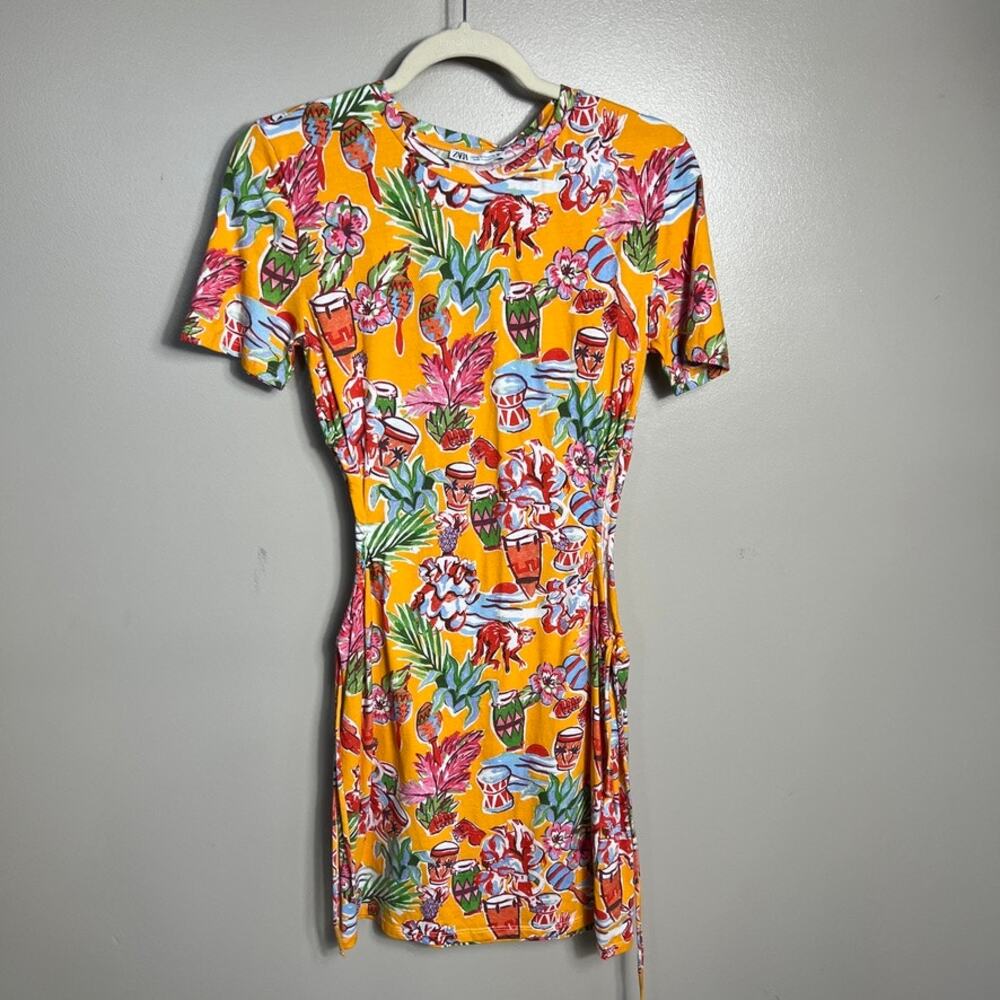 Zara Tropical Floral Cut Out Short Sleeve T-Shirt Dress Vacation Beach Medium - Picture 3 of 9